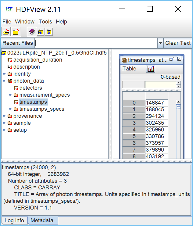 HDView screenshot showing a Photon-HDF5 file